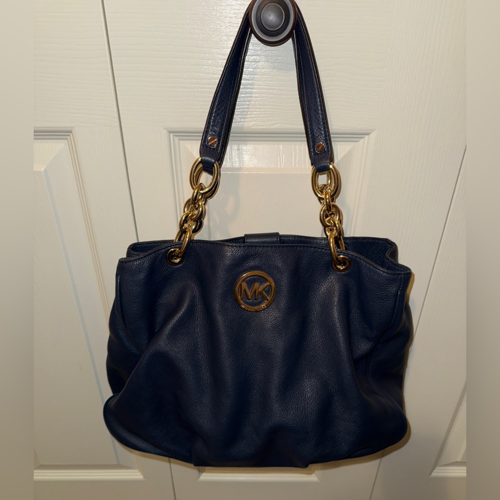 Michael Kors Navy Shoulder Bag with Gold Accents
